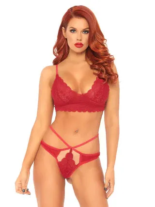 2PC Sweetheart Lace Bralette and Matching Strappy Cut Out G-string