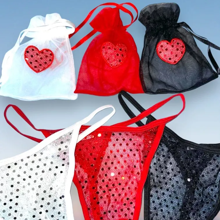 3 Pair Sequin Heart Thong Panty Bundle   Matching Cinch Pouches