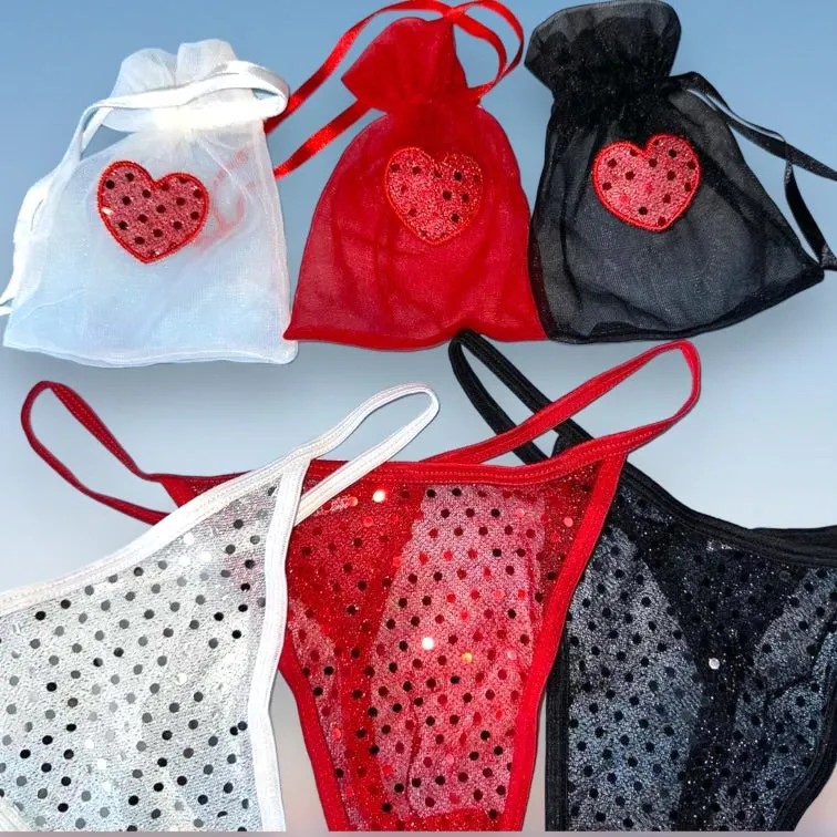3 Pair Sequin Heart Thong Panty Bundle   Matching Cinch Pouches