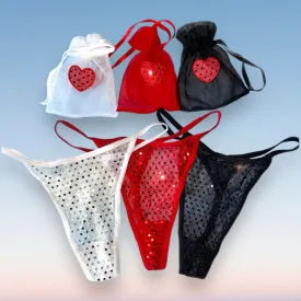 3 Pair Sequin Heart Thong Panty Bundle   Matching Cinch Pouches
