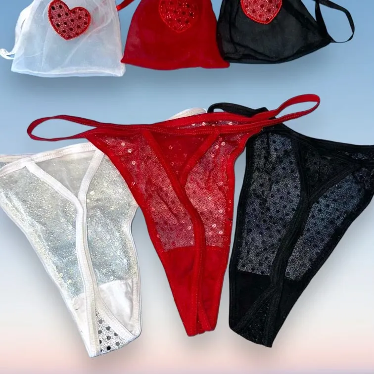 3 Pair Sequin Heart Thong Panty Bundle   Matching Cinch Pouches