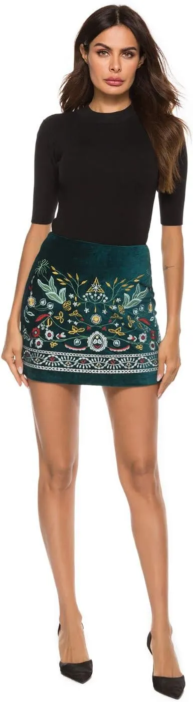 AK Women's High Waist Embroidered Mini Skirt Boho Floral above Knee Pencil Skirt