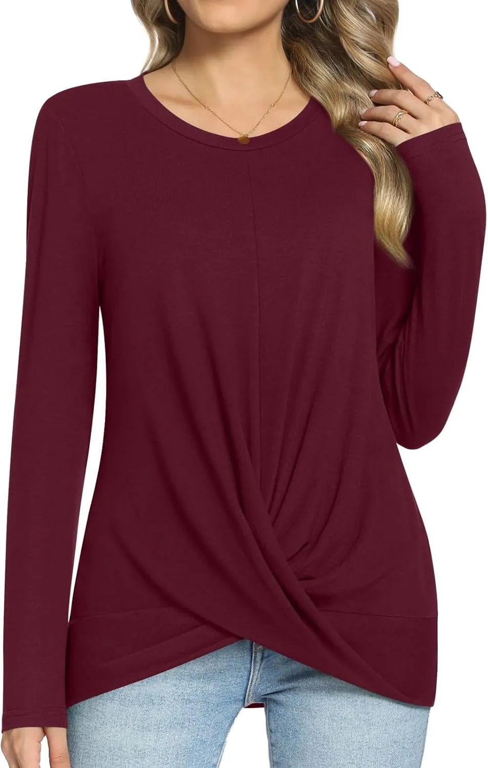 Anymiss 2025 Womens Spring Long Sleeve Tunic Tops Casual Winter Twist Front Blouse Crewneck T-Shirts M-2XL