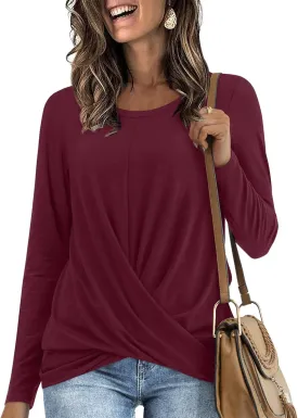 Anymiss 2025 Womens Spring Long Sleeve Tunic Tops Casual Winter Twist Front Blouse Crewneck T-Shirts M-2XL