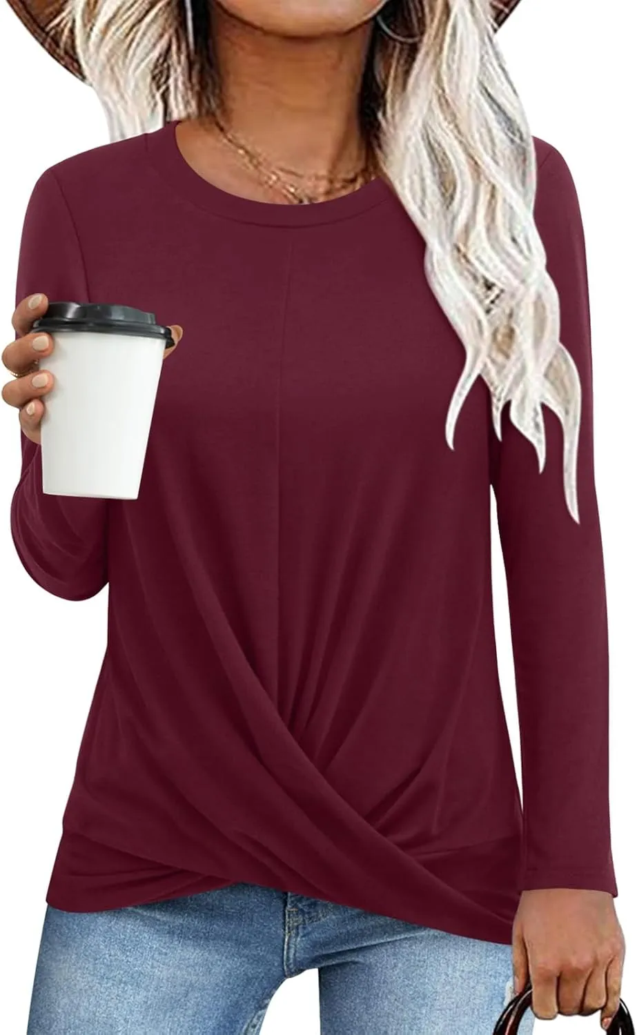 Anymiss 2025 Womens Spring Long Sleeve Tunic Tops Casual Winter Twist Front Blouse Crewneck T-Shirts M-2XL
