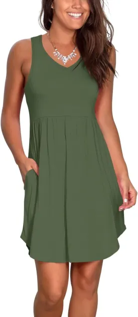 Atizon Casual Summer T Shirt Dress for Women V Neck Swing Elastic Tunic Short Sundress with Pockets