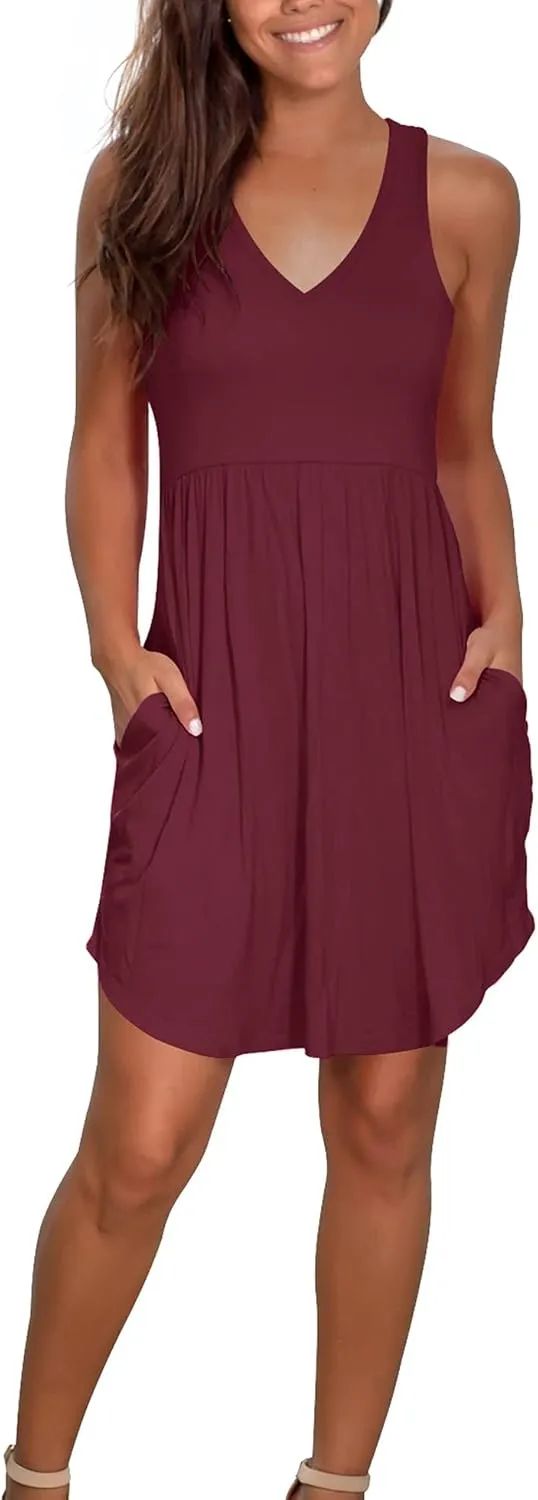 Atizon Casual Summer T Shirt Dress for Women V Neck Swing Elastic Tunic Short Sundress with Pockets