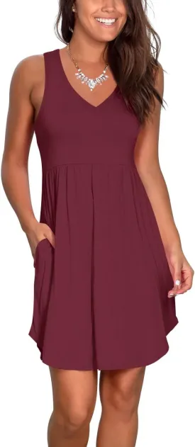 Atizon Casual Summer T Shirt Dress for Women V Neck Swing Elastic Tunic Short Sundress with Pockets