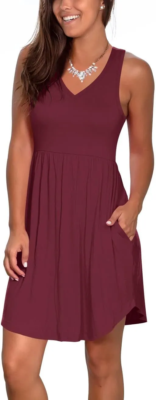 Atizon Casual Summer T Shirt Dress for Women V Neck Swing Elastic Tunic Short Sundress with Pockets