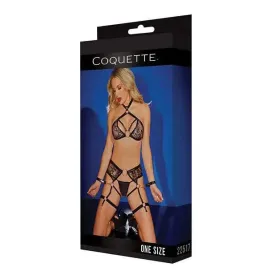 Black Label Strappy Detail Halter Top, Crotchless Panty, Garters & Restraints Black by Coquette