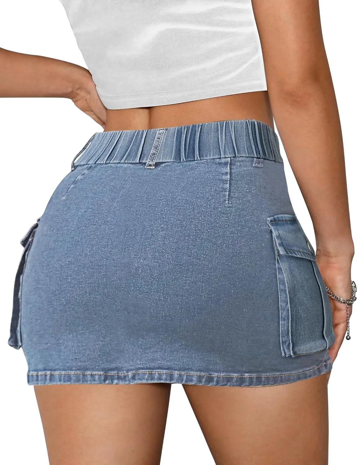 Buauty Women Denim Cargo Skirt Y2K, Mini Low Waist Jean Skirts Bodycon Flap Pockets 2025 Trendy Short
