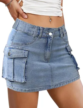 Buauty Women Denim Cargo Skirt Y2K, Mini Low Waist Jean Skirts Bodycon Flap Pockets 2025 Trendy Short