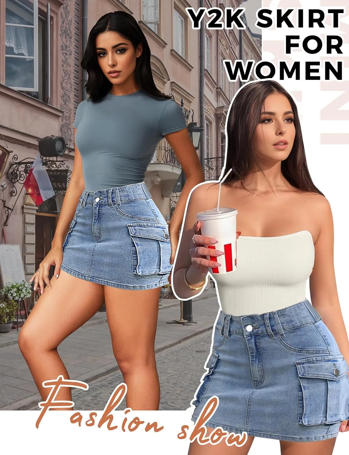 Buauty Women Denim Cargo Skirt Y2K, Mini Low Waist Jean Skirts Bodycon Flap Pockets 2025 Trendy Short