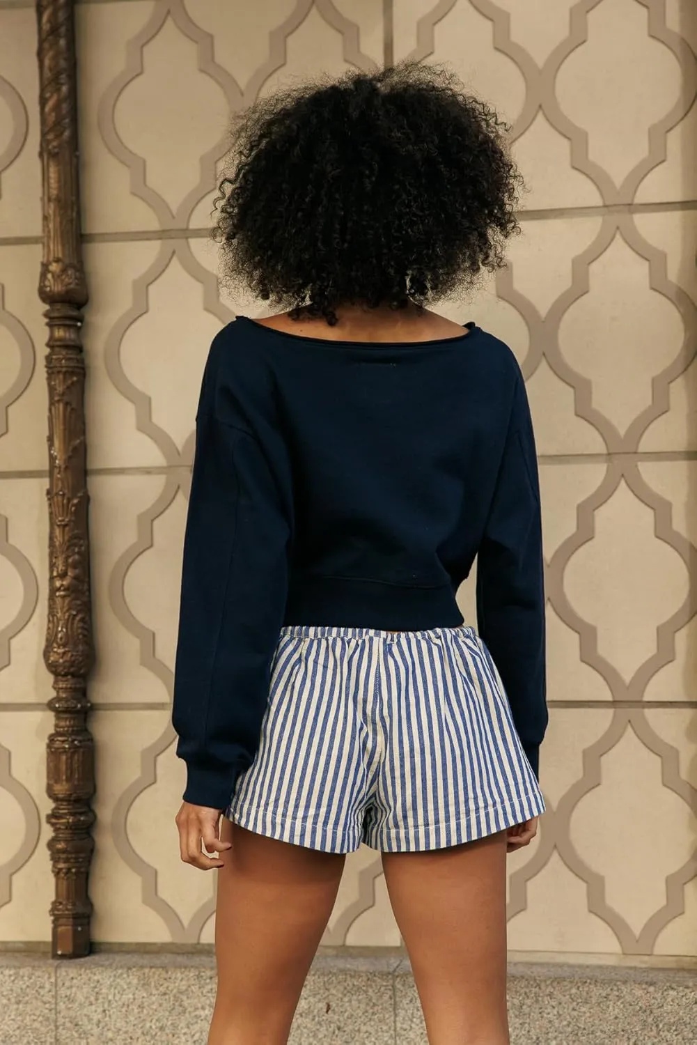 Cali1850 Womens Striped Shorts Low Rise Drawstring Elastic Waistband with Button Closure Side Slit