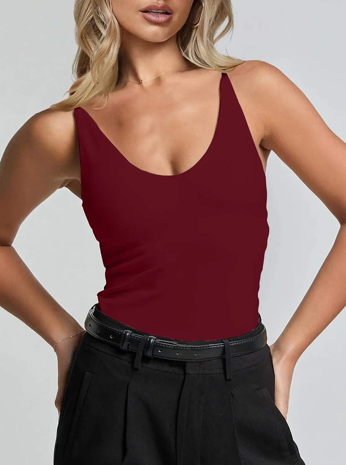 CSDAJIO Women's Sexy Scoop Neck Adjustable Spaghetti Strap Fitted Tank Top Double Lined Seamless Cami Sleeveless Shirt