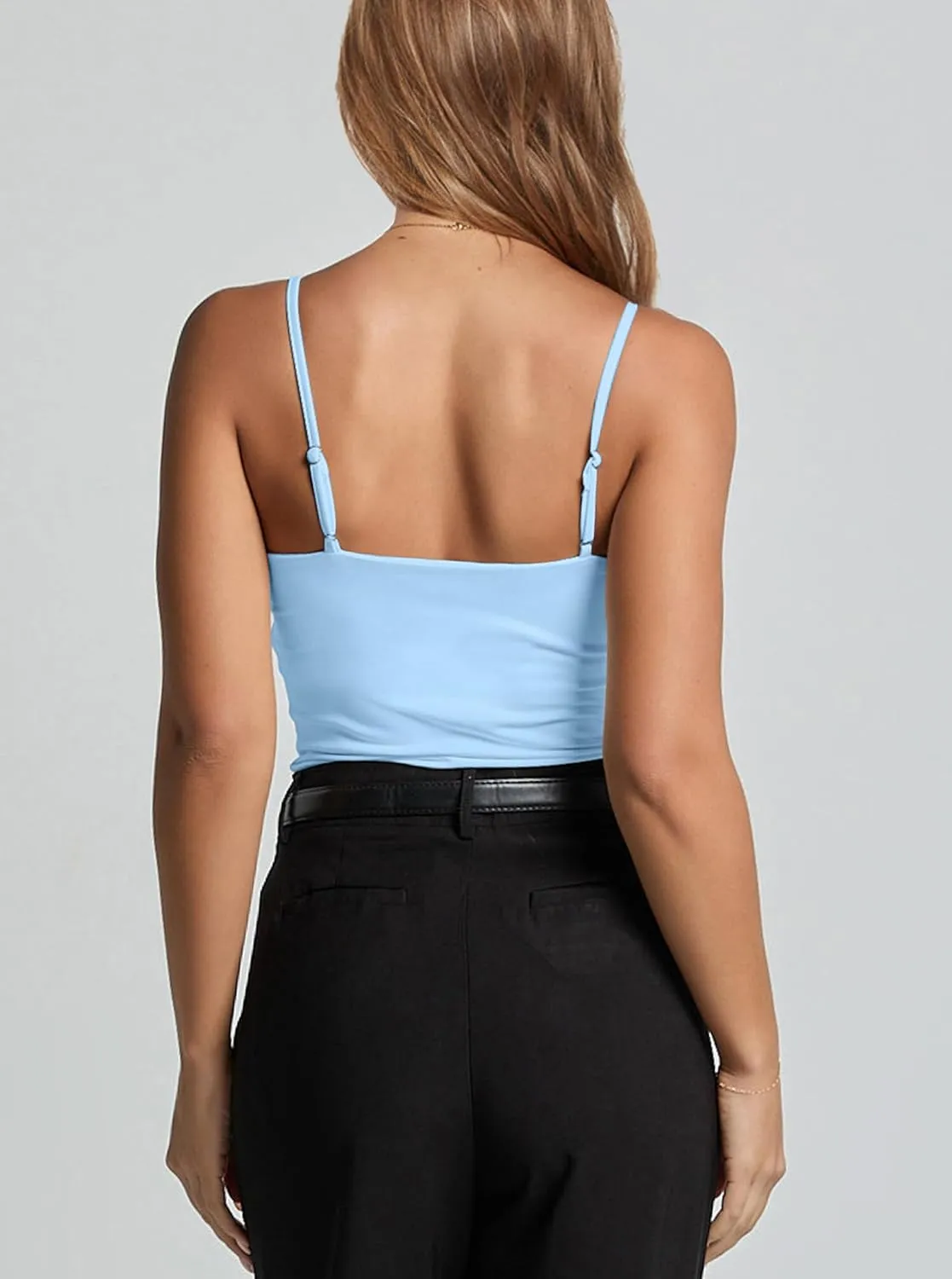 CSDAJIO Women's Sexy Scoop Neck Adjustable Spaghetti Strap Fitted Tank Top Double Lined Seamless Cami Sleeveless Shirt