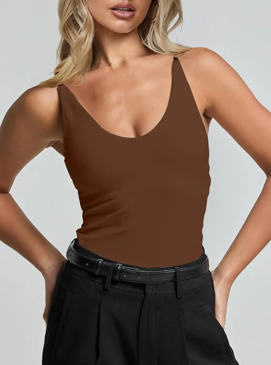 CSDAJIO Women's Sexy Scoop Neck Adjustable Spaghetti Strap Fitted Tank Top Double Lined Seamless Cami Sleeveless Shirt