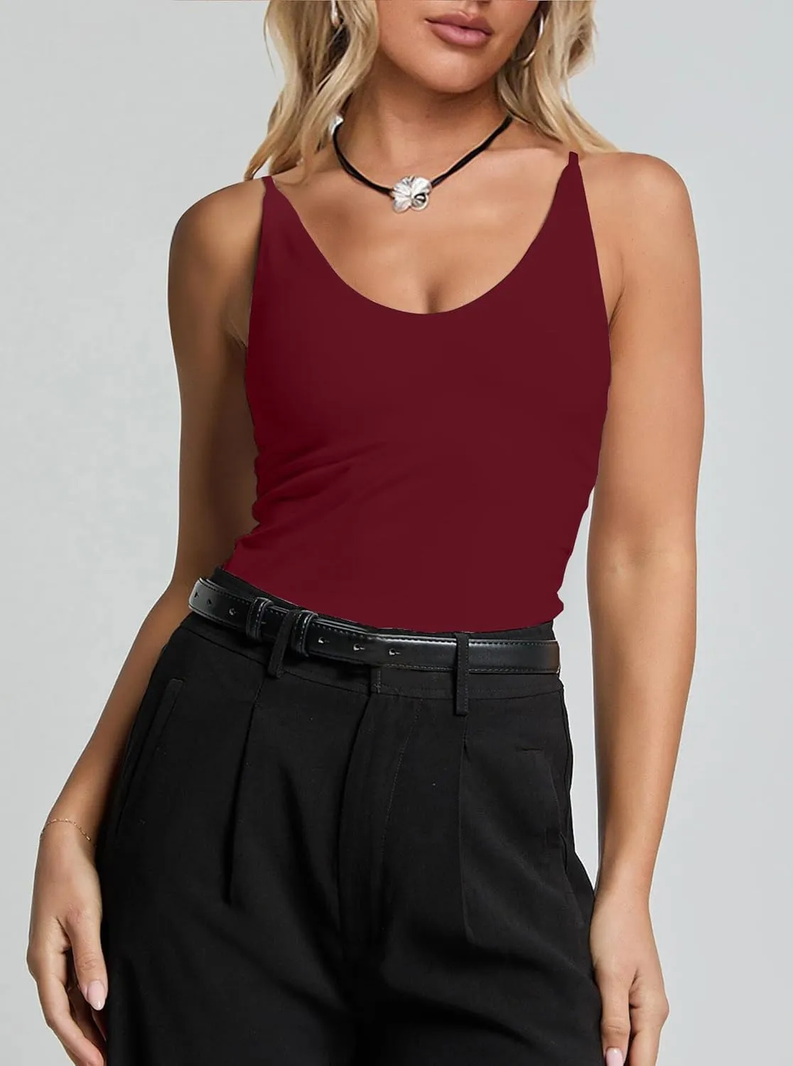 CSDAJIO Women's Sexy Scoop Neck Adjustable Spaghetti Strap Fitted Tank Top Double Lined Seamless Cami Sleeveless Shirt