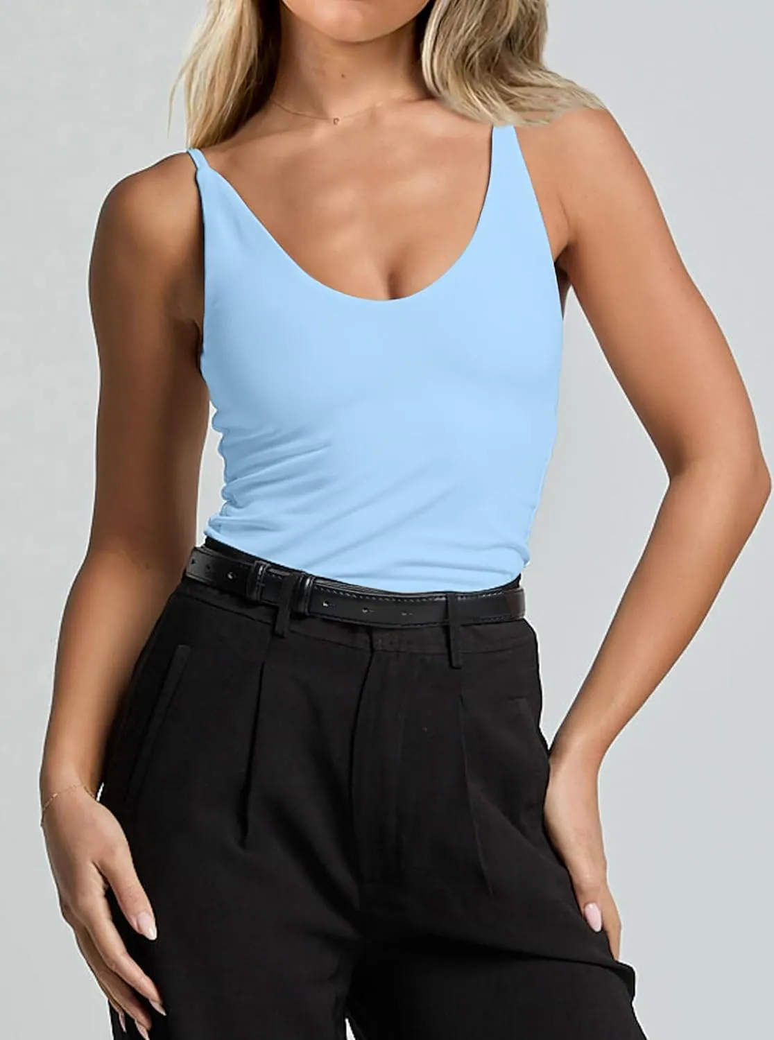 CSDAJIO Women's Sexy Scoop Neck Adjustable Spaghetti Strap Fitted Tank Top Double Lined Seamless Cami Sleeveless Shirt
