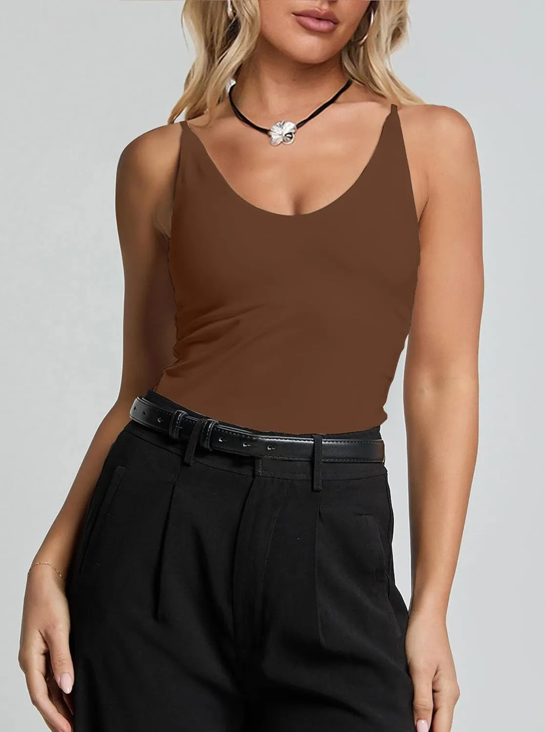 CSDAJIO Women's Sexy Scoop Neck Adjustable Spaghetti Strap Fitted Tank Top Double Lined Seamless Cami Sleeveless Shirt