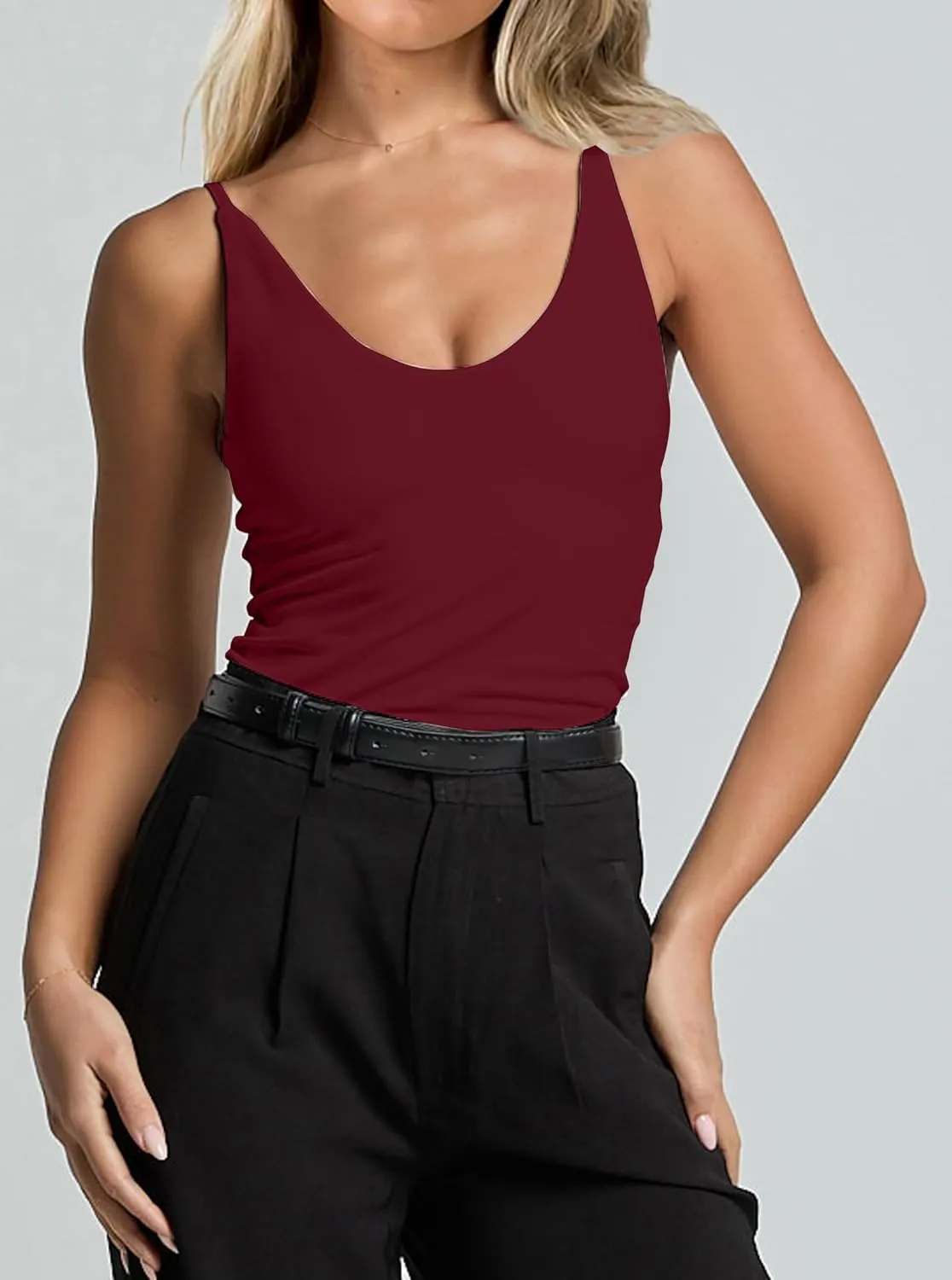 CSDAJIO Women's Sexy Scoop Neck Adjustable Spaghetti Strap Fitted Tank Top Double Lined Seamless Cami Sleeveless Shirt