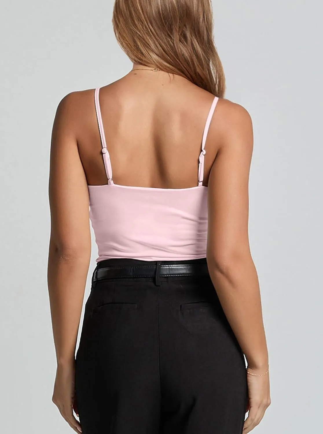CSDAJIO Women's Sexy Scoop Neck Adjustable Spaghetti Strap Fitted Tank Top Double Lined Seamless Cami Sleeveless Shirt