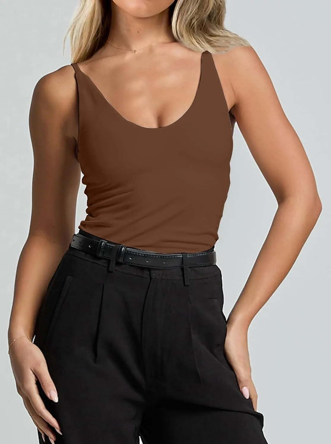 CSDAJIO Women's Sexy Scoop Neck Adjustable Spaghetti Strap Fitted Tank Top Double Lined Seamless Cami Sleeveless Shirt