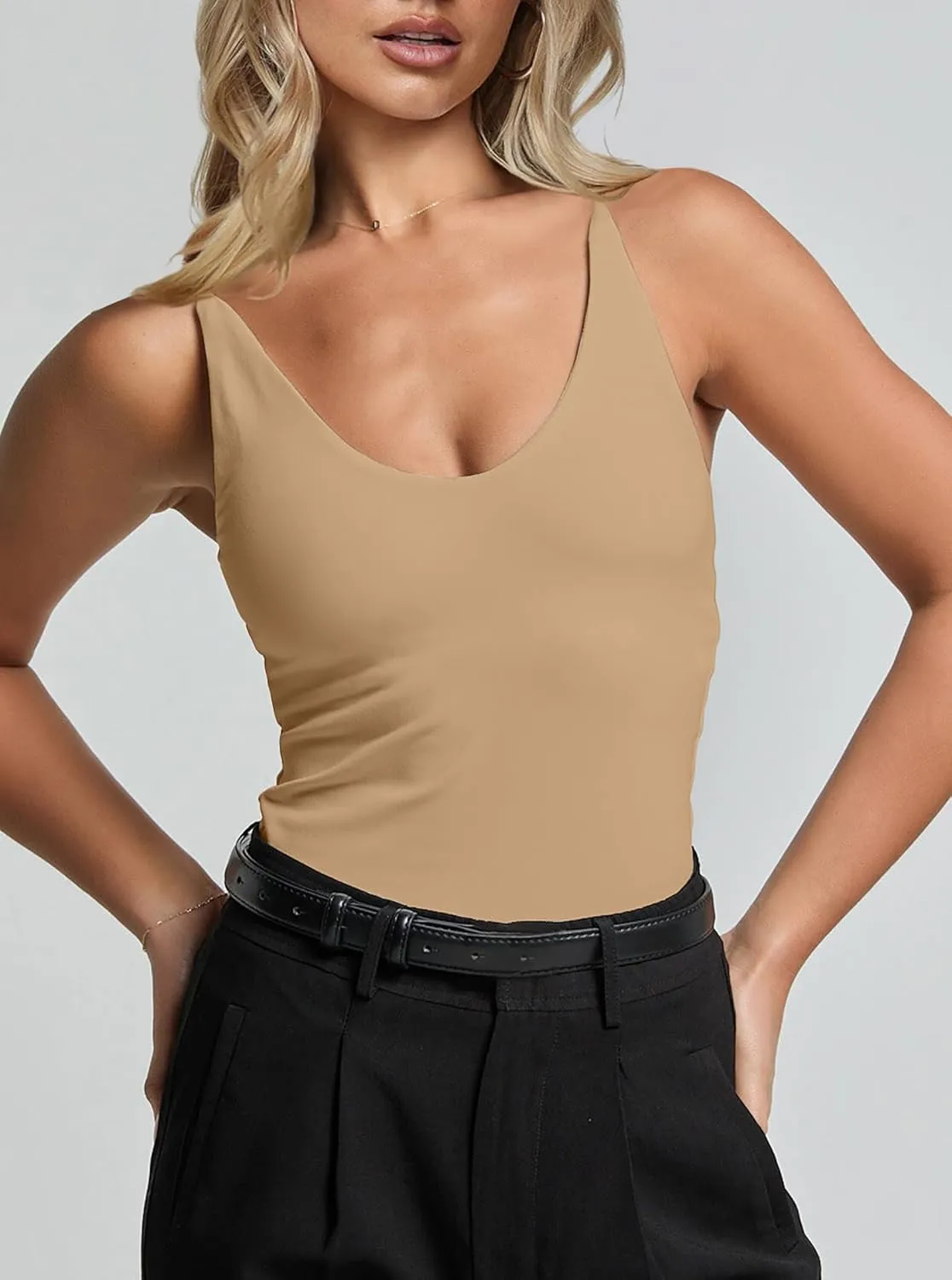 CSDAJIO Women's Sexy Scoop Neck Adjustable Spaghetti Strap Fitted Tank Top Double Lined Seamless Cami Sleeveless Shirt