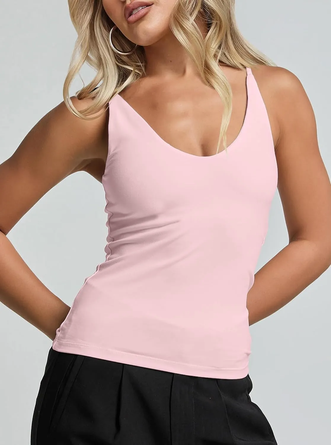 CSDAJIO Women's Sexy Scoop Neck Adjustable Spaghetti Strap Fitted Tank Top Double Lined Seamless Cami Sleeveless Shirt
