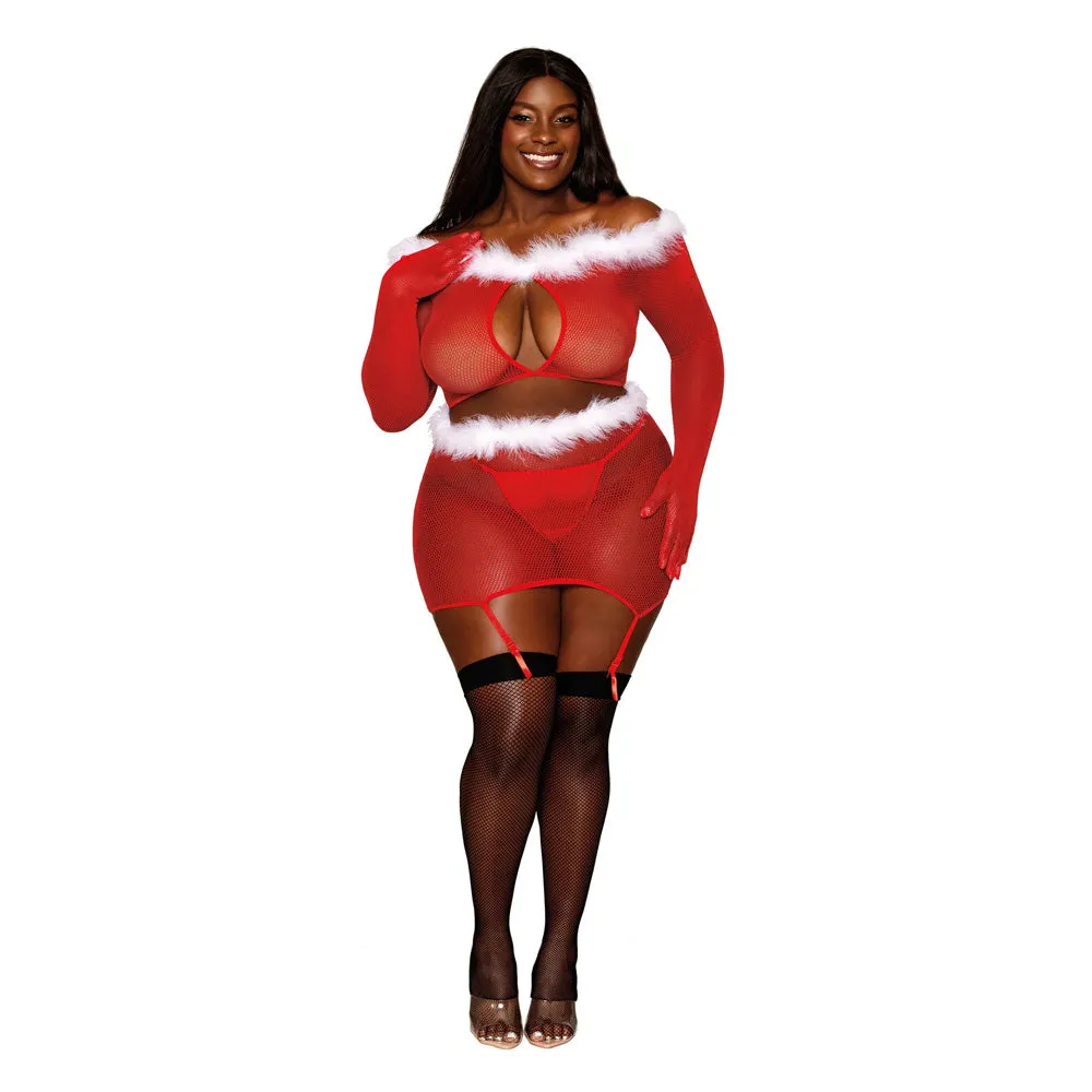 Dreamgirl Plus Size Seamless Fishnet and Feather Trim Santa Two-piece Garter Set - 13102X