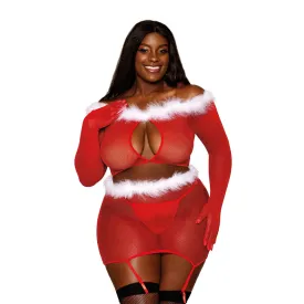 Dreamgirl Plus Size Seamless Fishnet and Feather Trim Santa Two-piece Garter Set - 13102X