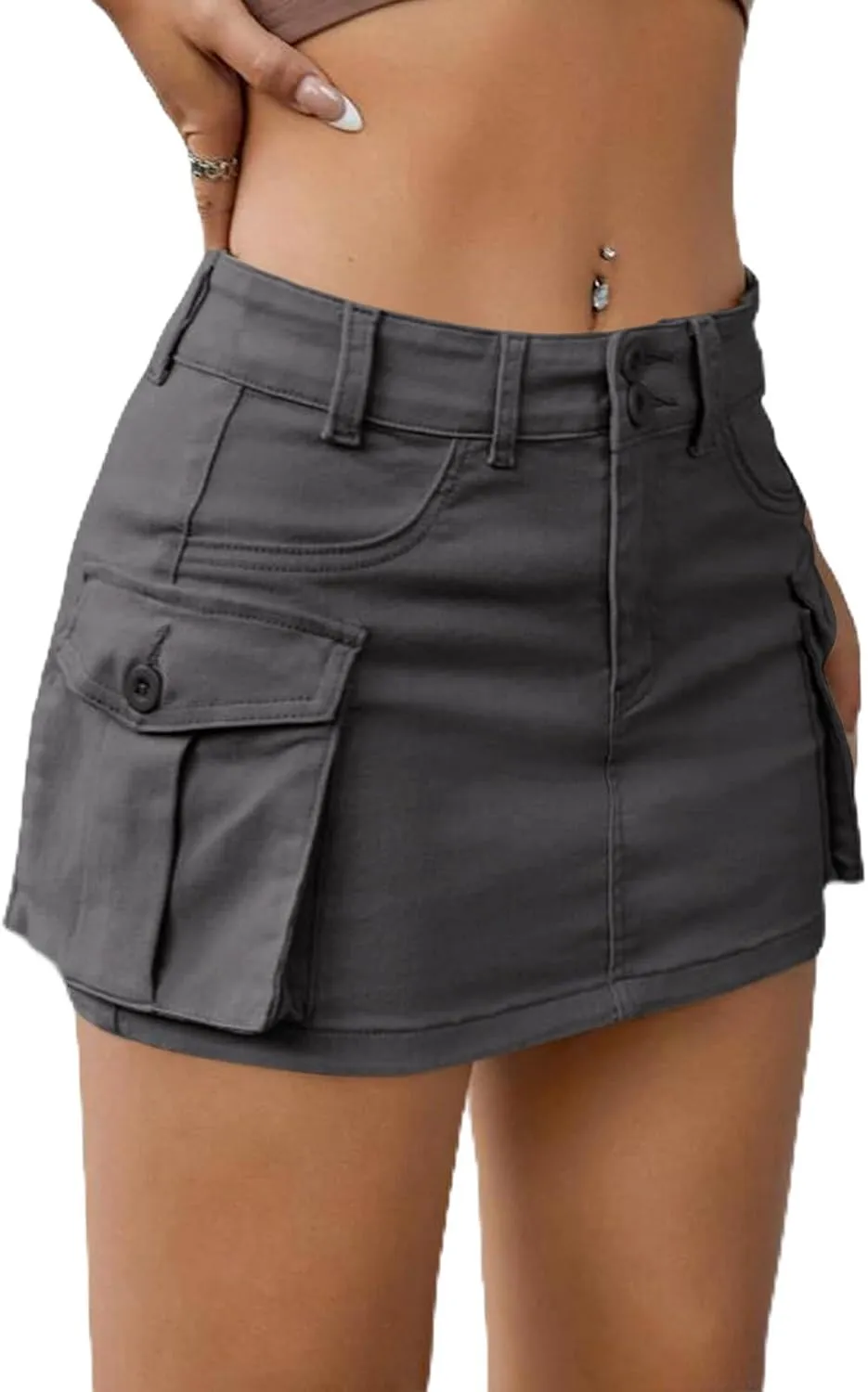EARKOHA Women's Mini Cargo Skirt Y2K Low Waist Button Short Bodycon Denim Jean With Flap Pockets