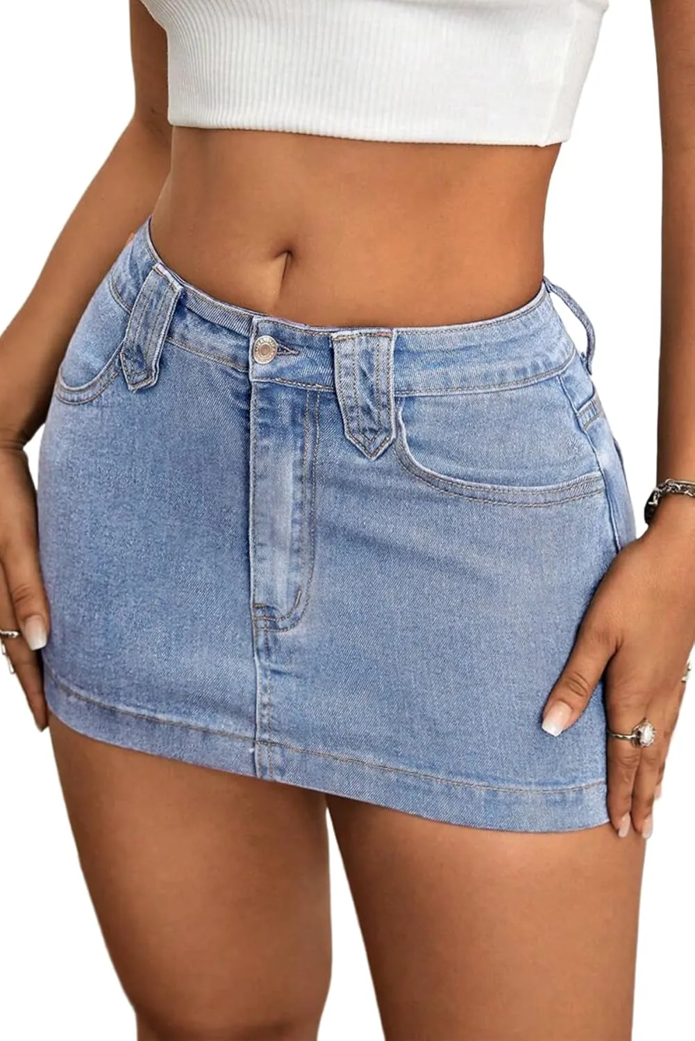 ELLEVEN Women's Y2k Stretchy Denim Mini Skirt Low Rise Casual Sexy Bodycon Jean Skirt with Pockets