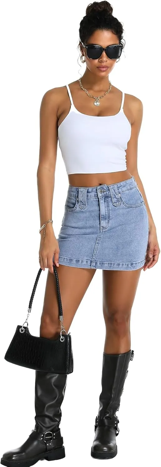 ELLEVEN Women's Y2k Stretchy Denim Mini Skirt Low Rise Casual Sexy Bodycon Jean Skirt with Pockets