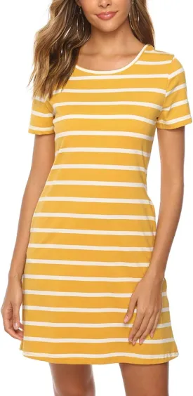 Feager Women's Casual Striped Criss Cross Short Sleeve T Shirt Dress