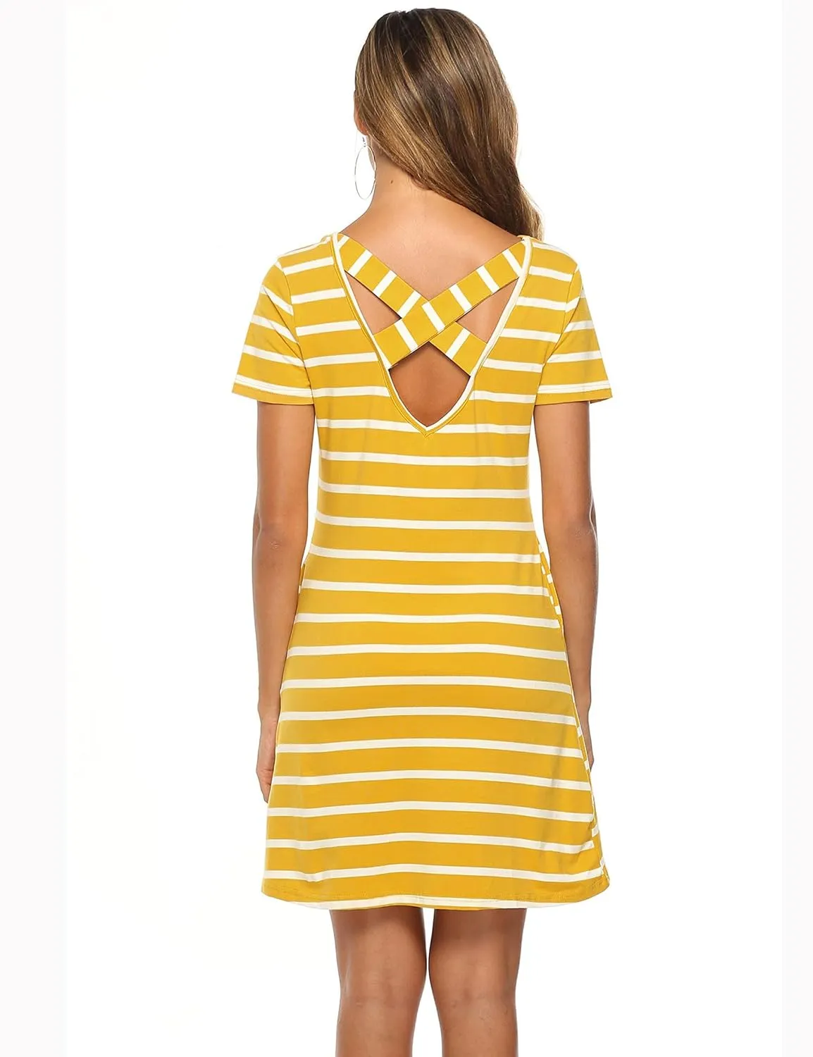 Feager Women's Casual Striped Criss Cross Short Sleeve T Shirt Dress