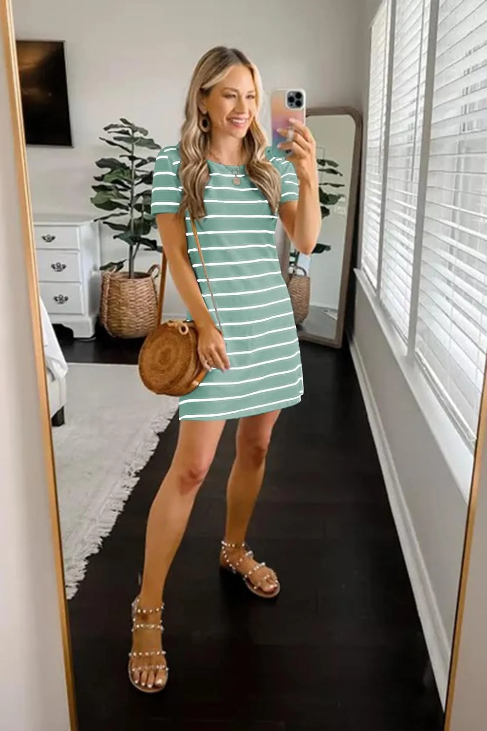 Feager Women's Casual Striped Criss Cross Short Sleeve T Shirt Dress