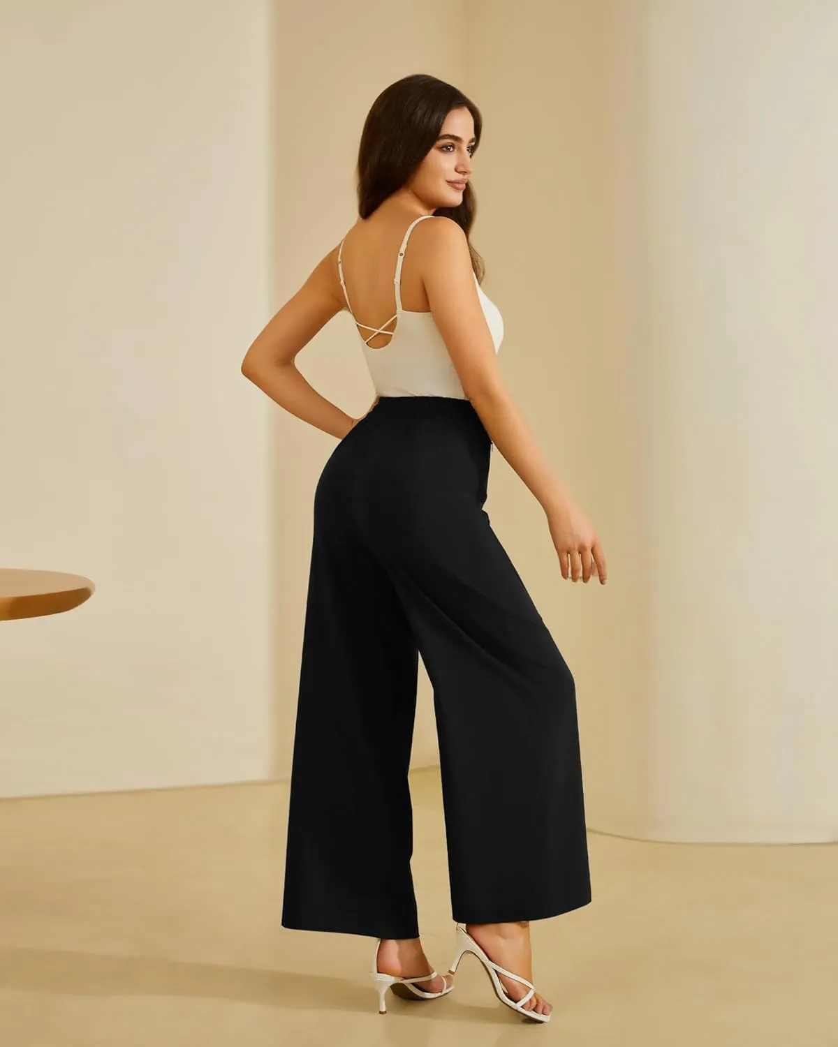 FireSwan Women's Wide Leg Work Pants High Elastic Waist Dress Palazzo Pants Trousers with Zipper Pockets