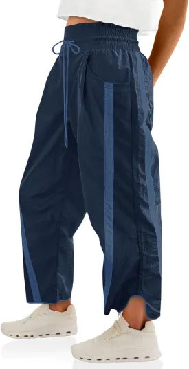 Fisoew Women's Baggy Wide Leg Pants Casual Drawstring Elastic Waisted Contrast Color Workout Y2K Track Pants