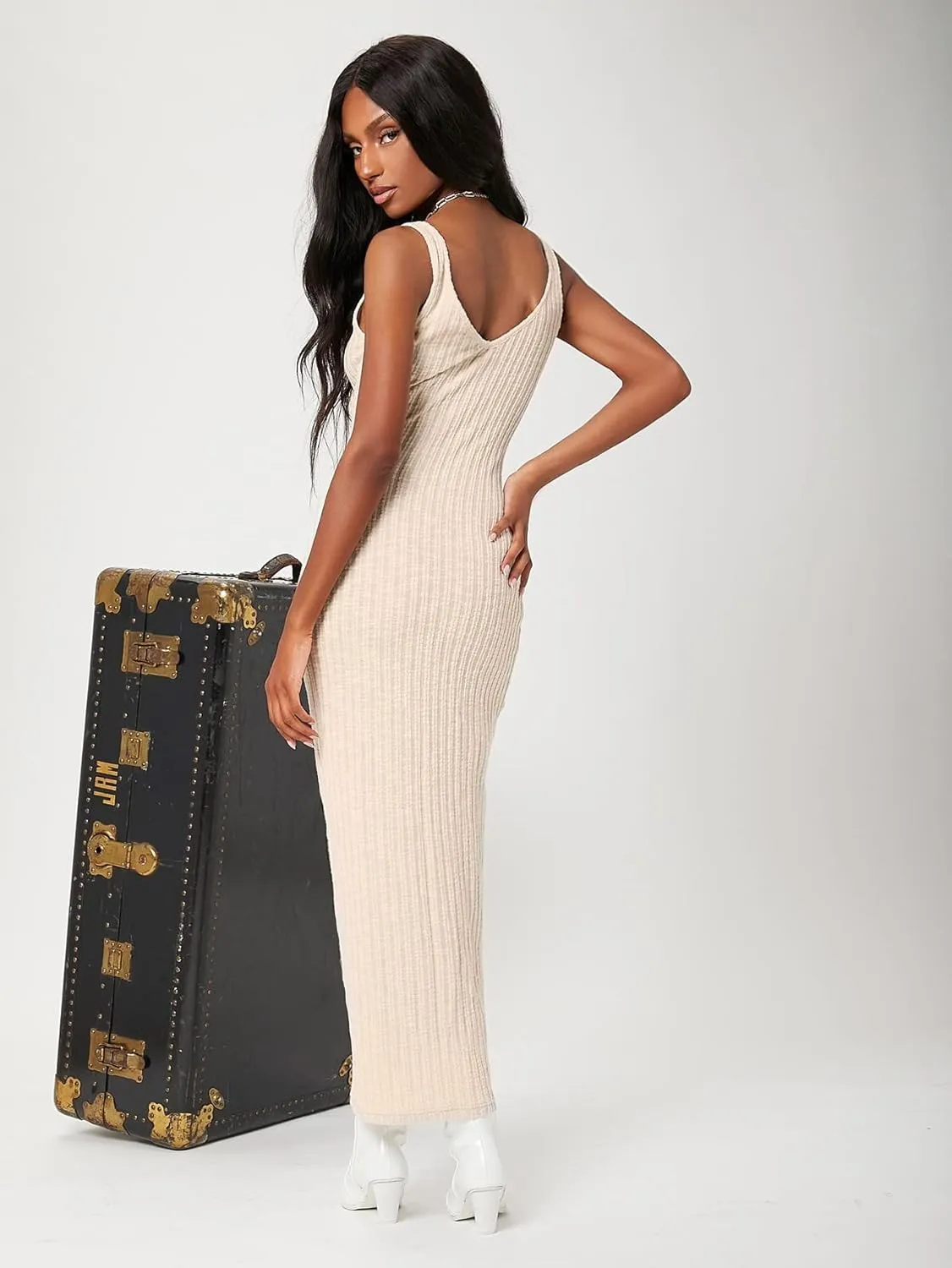 Floerns Women's Sexy Bodycon Tank Dress Ribbed Knit V Neck Sleeveless Midi Club Party Dresses