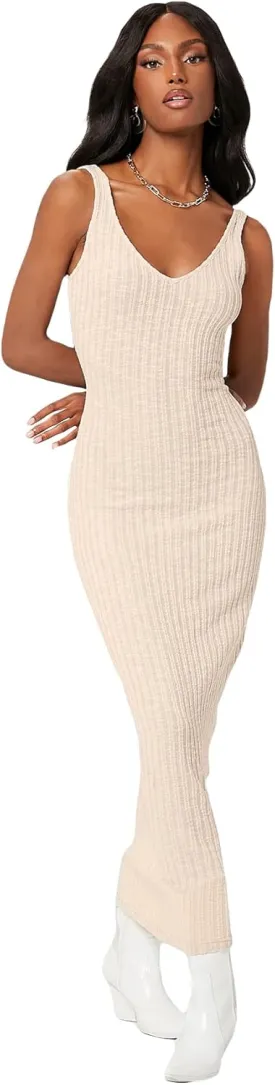 Floerns Women's Sexy Bodycon Tank Dress Ribbed Knit V Neck Sleeveless Midi Club Party Dresses
