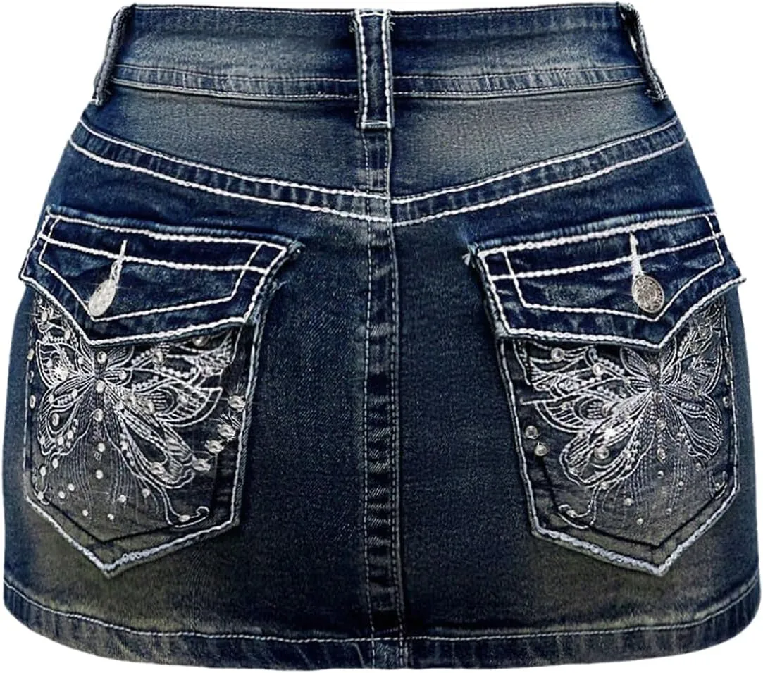 Floerns Women's Y2k Butterfly Denim Skirts Low Waist Stretch Bodycon Mini Skirt