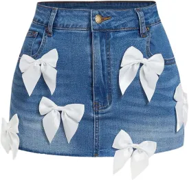 Floerns Women's Y2k Denim Skorts Low Waist Bowknot Cute Bodycon Mini Skirt Shorts