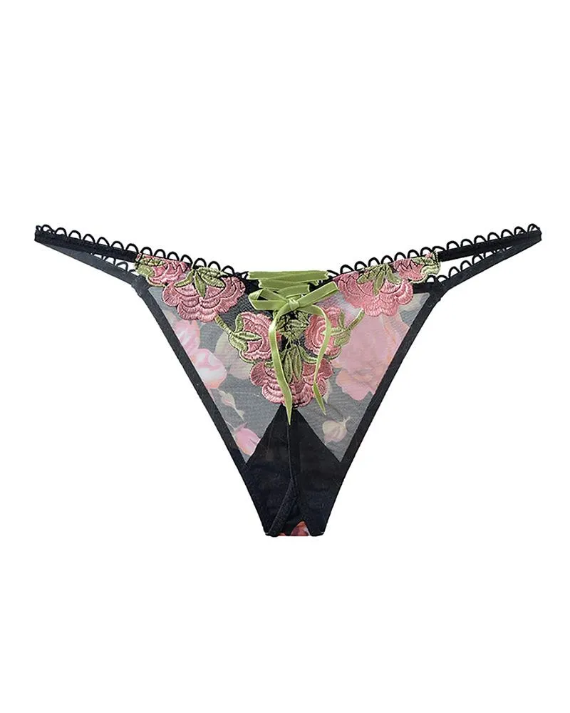 Floral Embroidery Low Waist Lace-up Thong