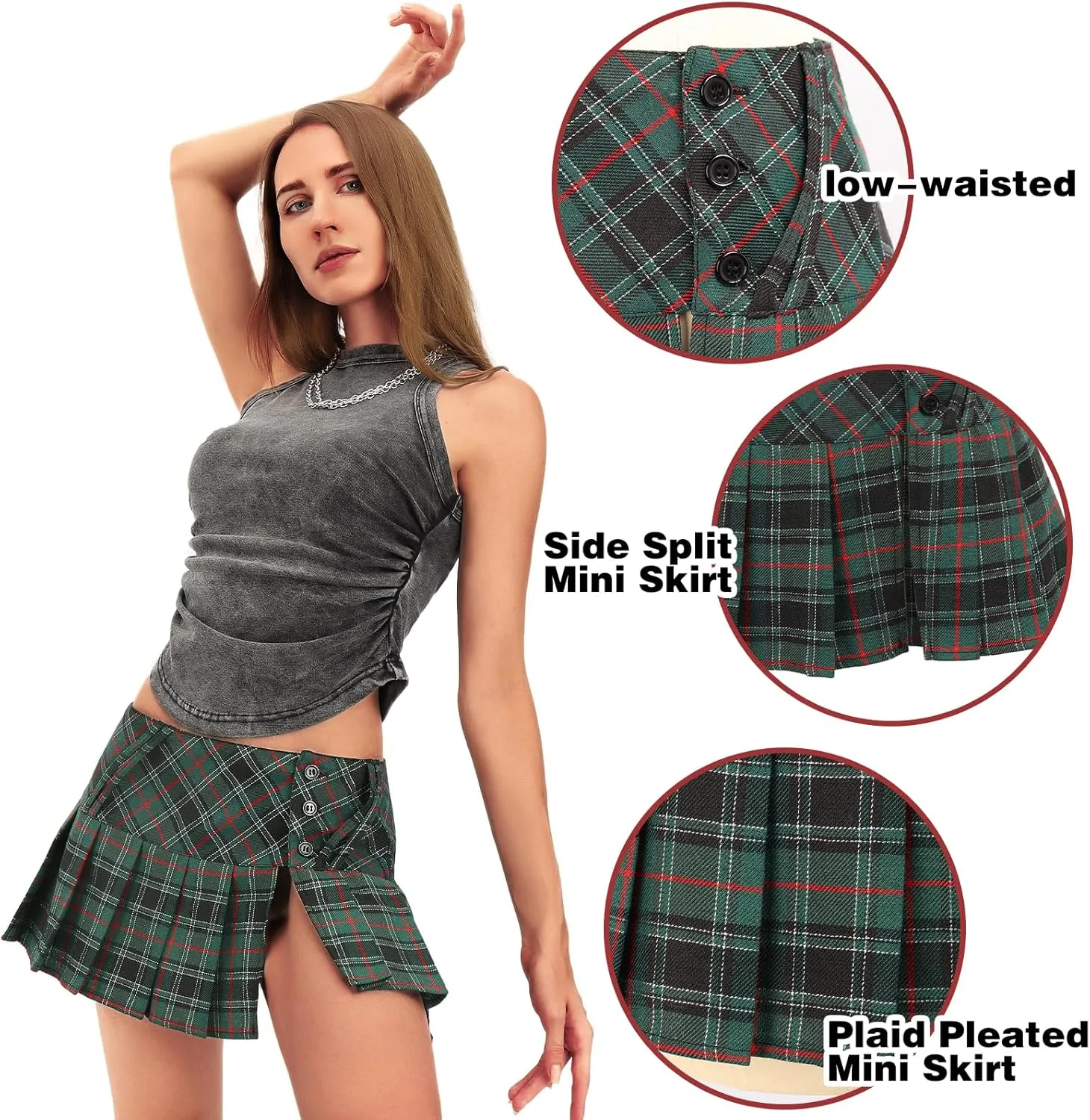 FURPHI Mini Plaid Pleated Skirt Women's US Size Low Waist Slit Schoolgirl Uniform