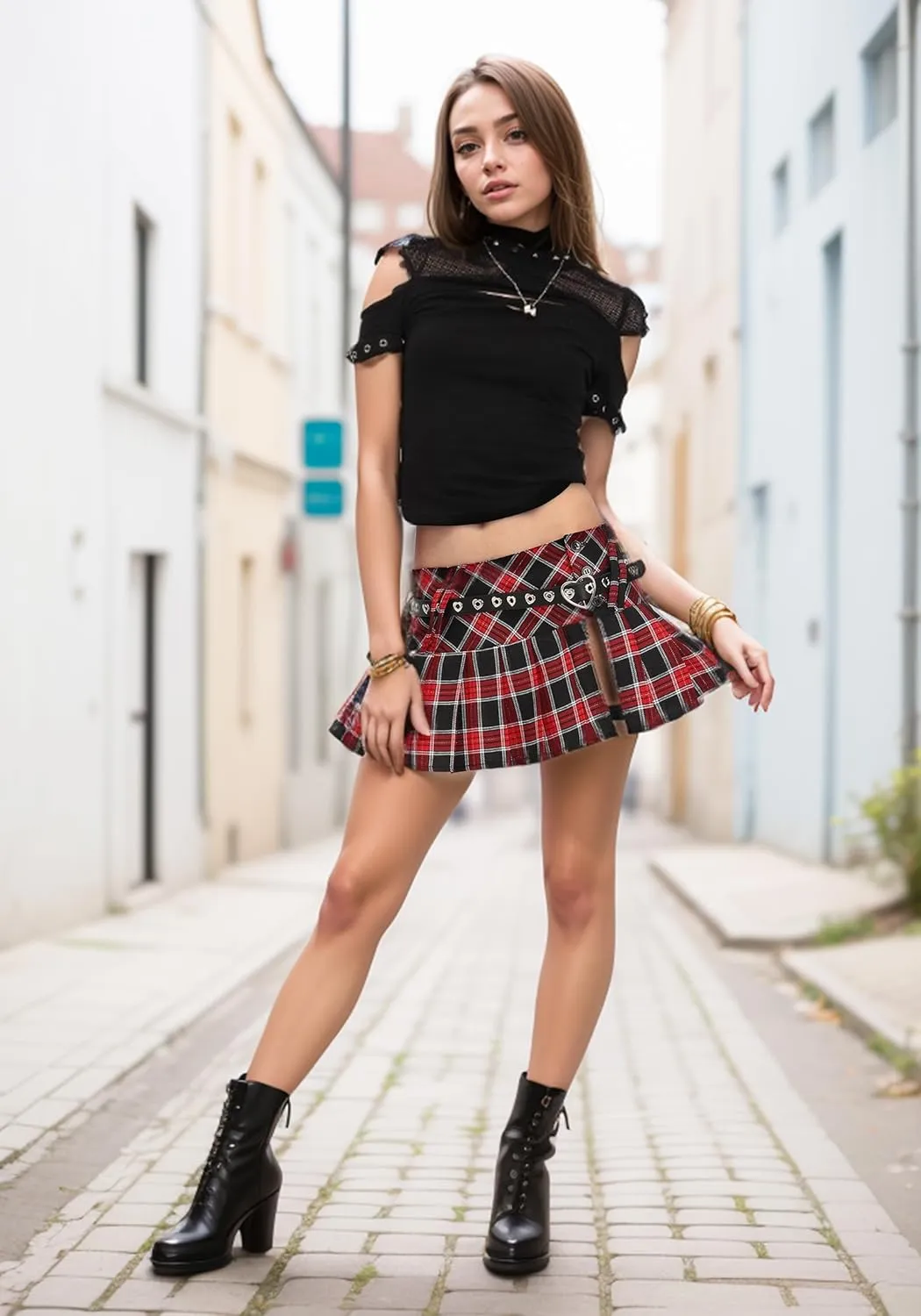 FURPHI Mini Plaid Pleated Skirt Women's US Size Low Waist Slit Schoolgirl Uniform