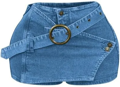 HBQ Women's Vintage Denim Skirt Ring Buckle Jean Skort Low Waist Y2k Mini Skirts 2025 Fashion