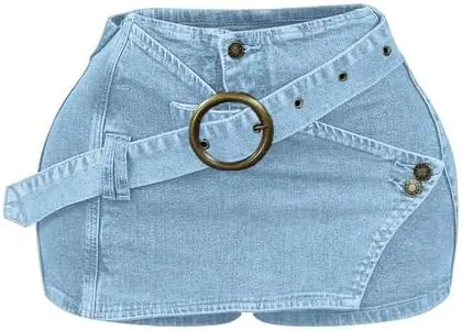 HBQ Women's Vintage Denim Skirt Ring Buckle Jean Skort Low Waist Y2k Mini Skirts 2025 Fashion