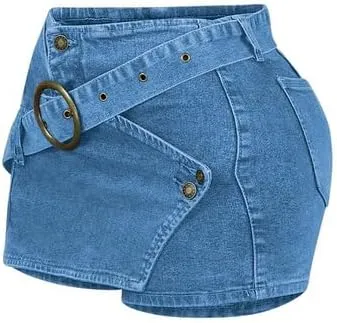 HBQ Women's Vintage Denim Skirt Ring Buckle Jean Skort Low Waist Y2k Mini Skirts 2025 Fashion