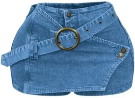 HBQ Women's Vintage Denim Skirt Ring Buckle Jean Skort Low Waist Y2k Mini Skirts 2025 Fashion